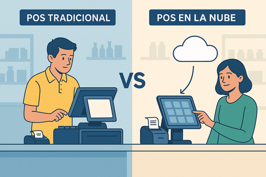 Comparativa entre POS tradicional y POS en la nube, ilustrando sus diferencias operativas en un comercio.