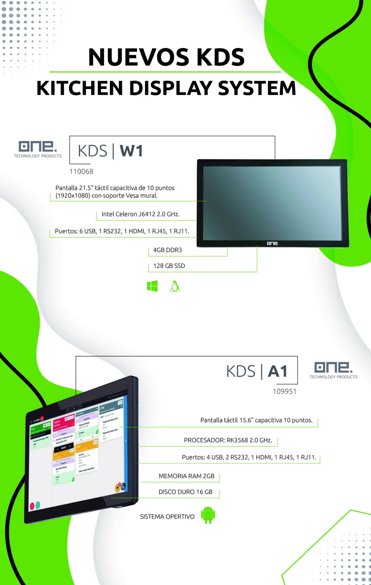 KDS One W1 | 21.5″ Táctil Celeron J6412 4GB 128GB POS