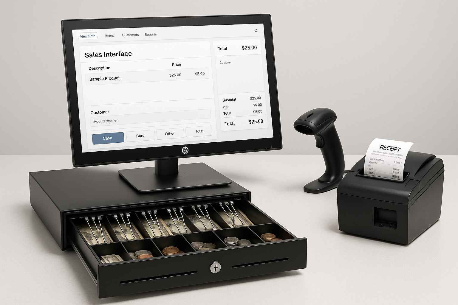 gaveta de dinero, computador aio hp, lector de codigo de barras y una impresora imprimiendo un recibo de venta.