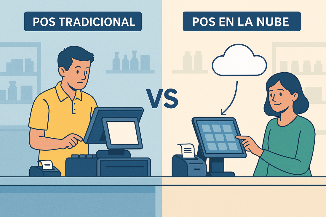 Comparativa entre POS tradicional y POS en la nube, ilustrando sus diferencias operativas en un comercio.