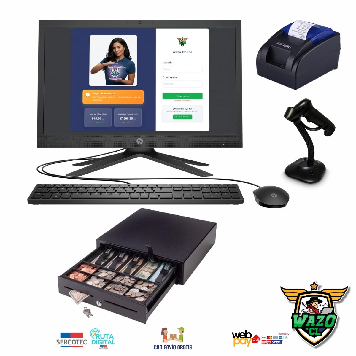 Kit Punto de Venta WAZO AIO Retail | Computador All-in-One con Lector de Barras para Comercios