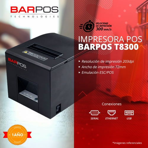 Impresora Térmica BARPOS T8300 | 80 mm, 300 mm/s, USB + Serial + Ethernet